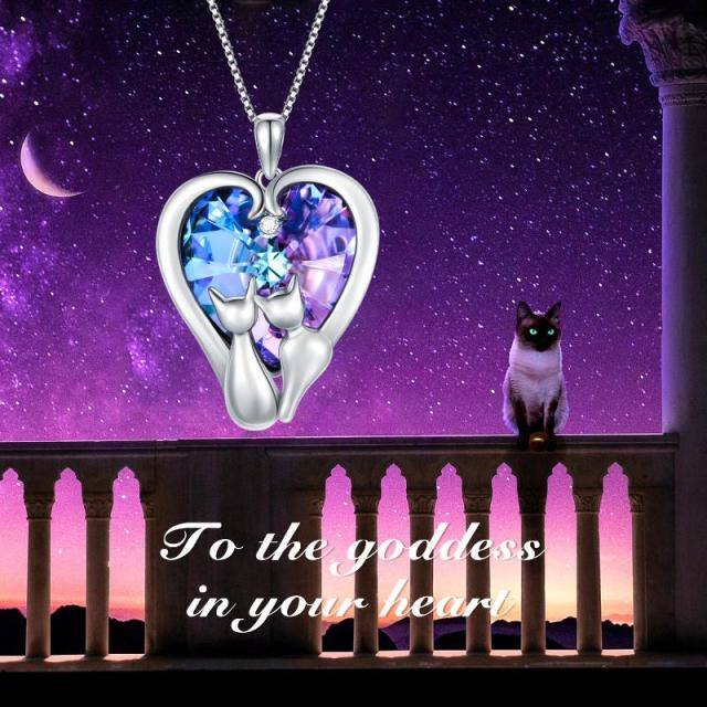 Sterling Silver Couple Cat & Heart Crystal Pendant Necklace-5