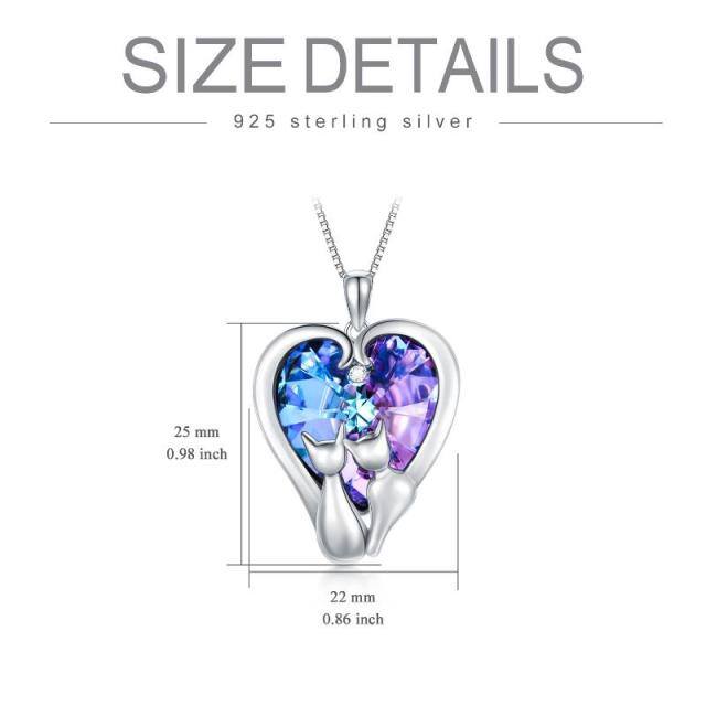 Sterling Silver Couple Cat & Heart Crystal Pendant Necklace-4