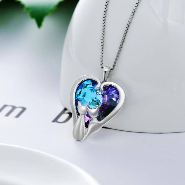 Sterling Silver Couple Cat & Heart Crystal Pendant Necklace-2
