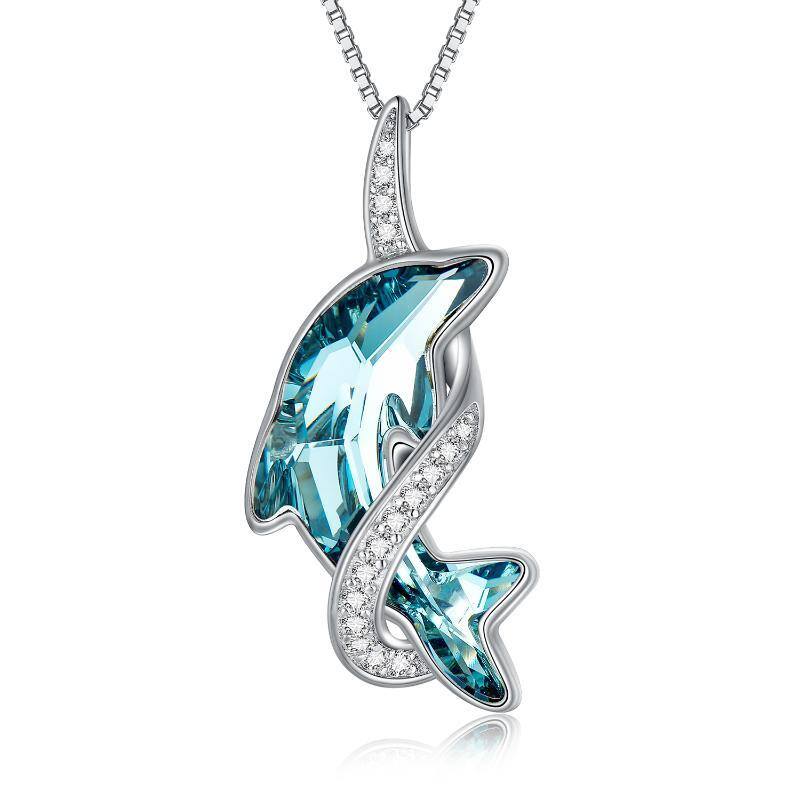 Sterling Silver Lake Blue Crystal Dolphin Pendant Necklace-1