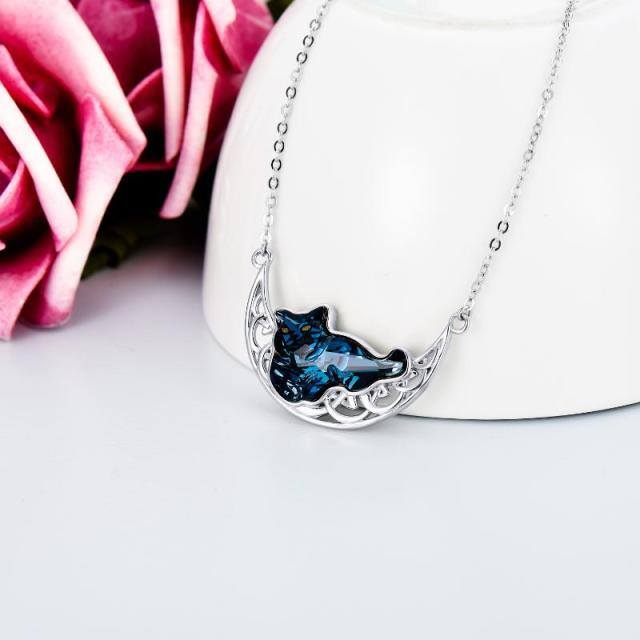 Sterling Silver Heart Shaped Crystal Cat & Celtic Knot & Moon Pendant Necklace-2