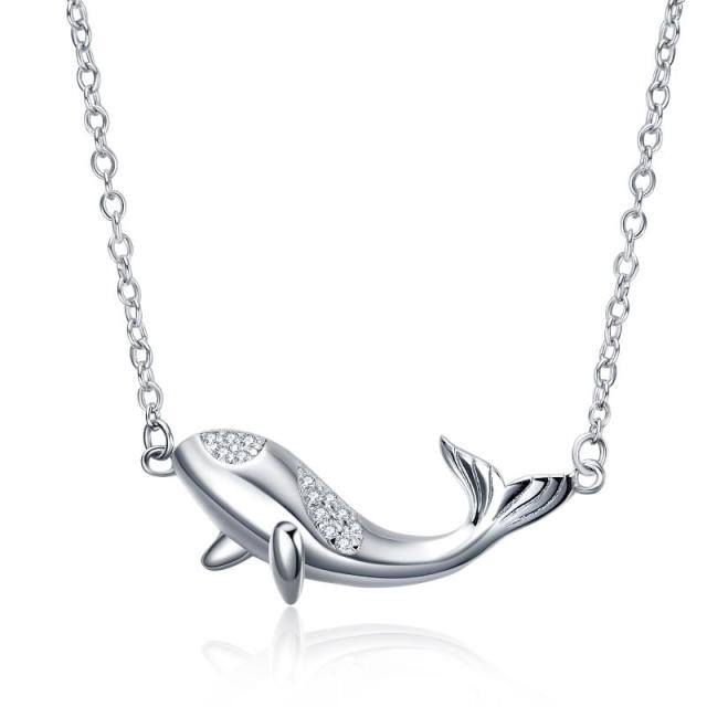 Sterling Silver Cubic Zirconia Dolphin Pendant Necklace-1