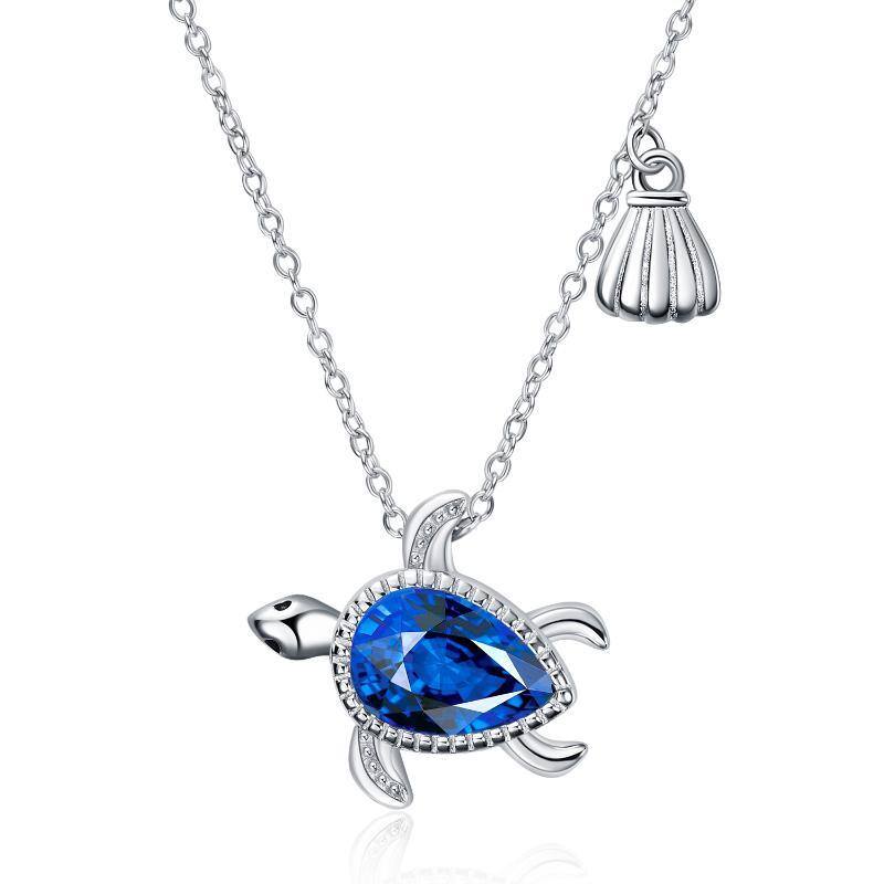 Sterling Silver Pear Shaped Crystal Sea Turtle Pendant Necklace-1