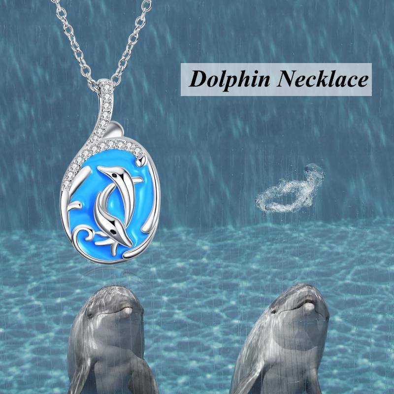Sterling Silver Circular Shaped Cubic Zirconia Dolphin Pendant Necklace-5