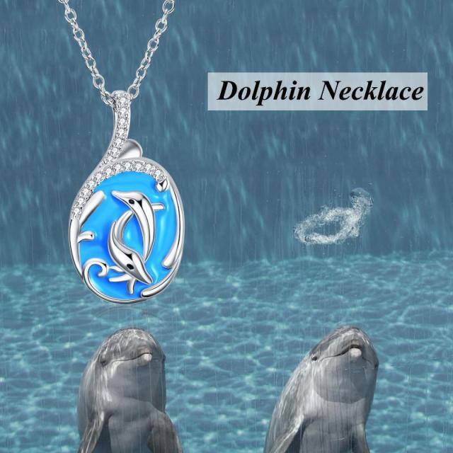 Sterling Silver Circular Shaped Cubic Zirconia Dolphin Pendant Necklace-4