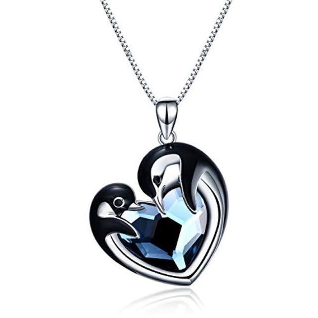 Sterling Silver Heart Shaped Crystal Penguin & Heart Pendant Necklace-1