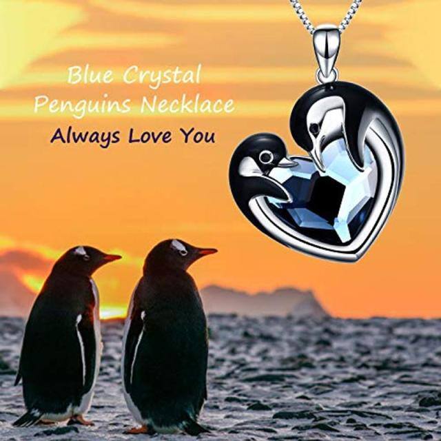 Sterling Silver Heart Shaped Crystal Penguin & Heart Pendant Necklace-3