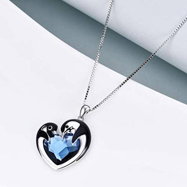 Sterling Silver Heart Shaped Crystal Penguin & Heart Pendant Necklace-5