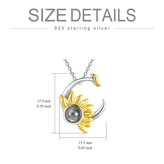 Sterling Silver Two-tone Projection Stone Sunflower & Moon Pendant Necklace-5