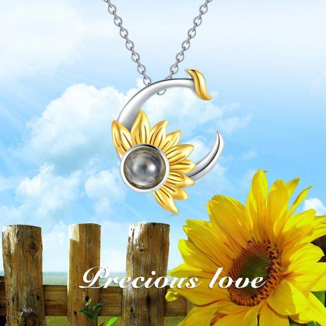 Sterling Silver Two-tone Projection Stone Sunflower & Moon Pendant Necklace-4