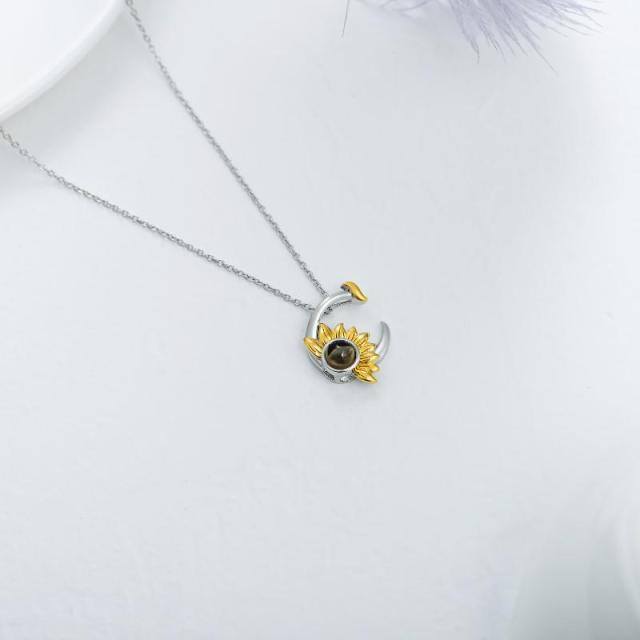 Sterling Silver Two-tone Projection Stone Sunflower & Moon Pendant Necklace-2