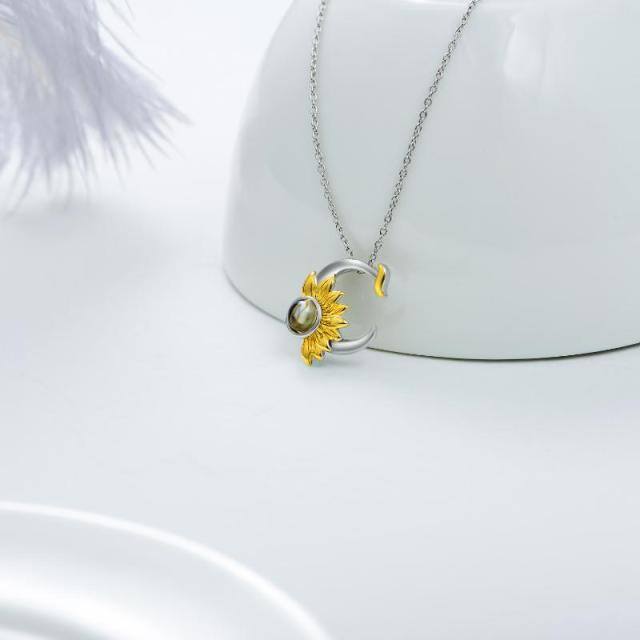 Sterling Silver Two-tone Projection Stone Sunflower & Moon Pendant Necklace-3