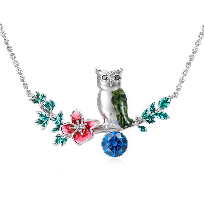 Sterling Silver Crystal Owl & Leaves Pendant Necklace-1