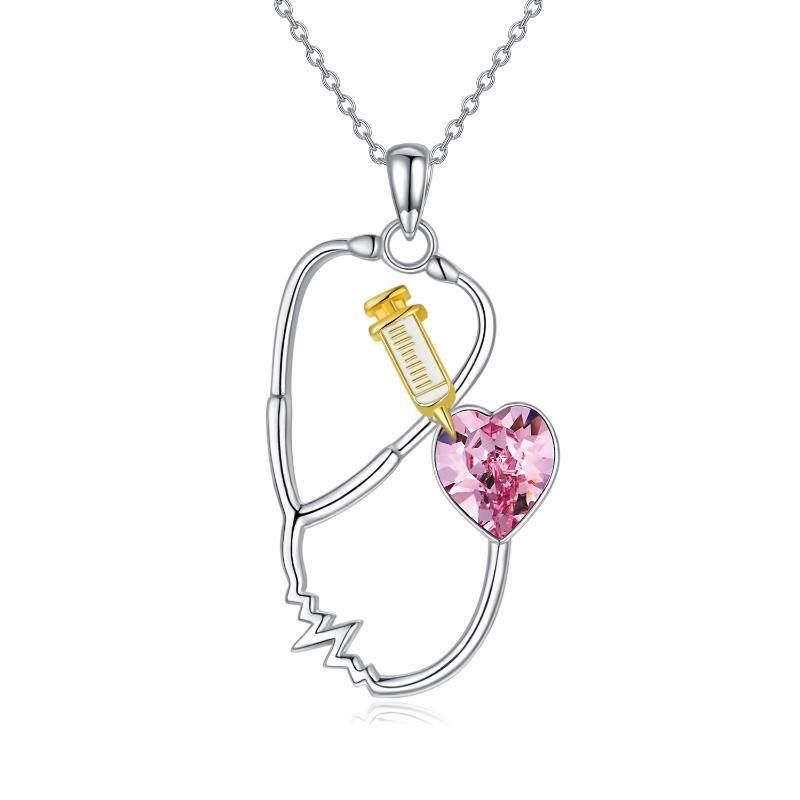 Collar de plata de ley con colgante de estetoscopio de cristal en forma de corazón-1