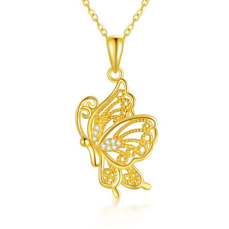 14K Gold Cubic Zirconia Butterfly Pendant Necklace-1