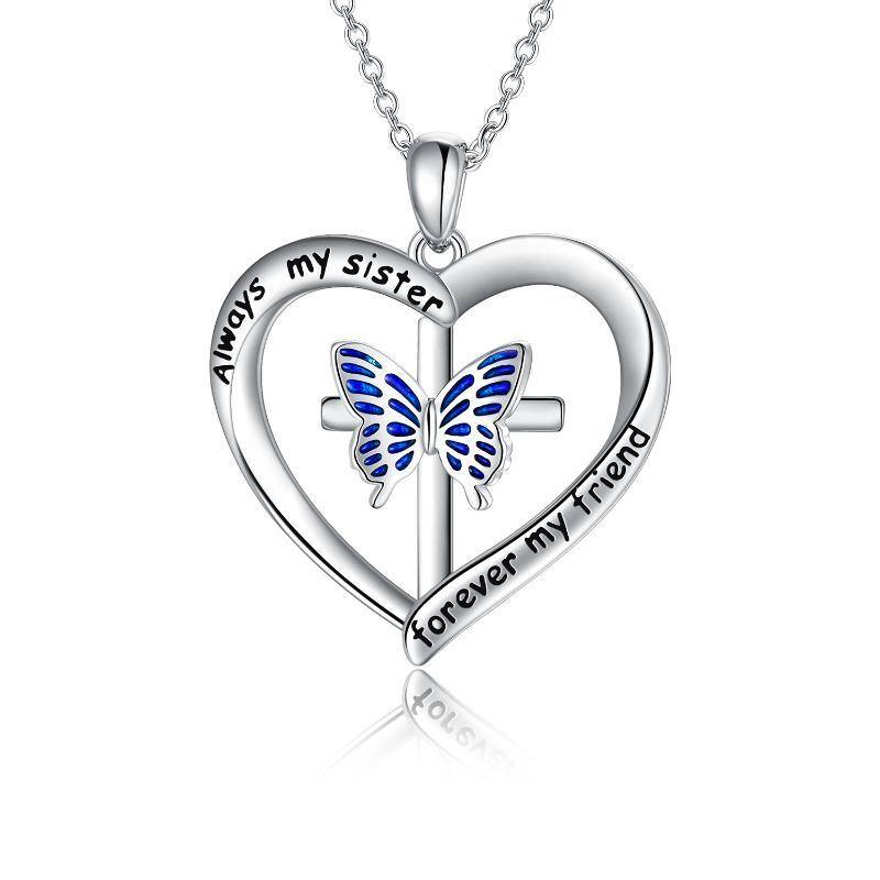 Sterling Silver Butterfly & Cross & Heart Pendant Necklace with Engraved Word-1