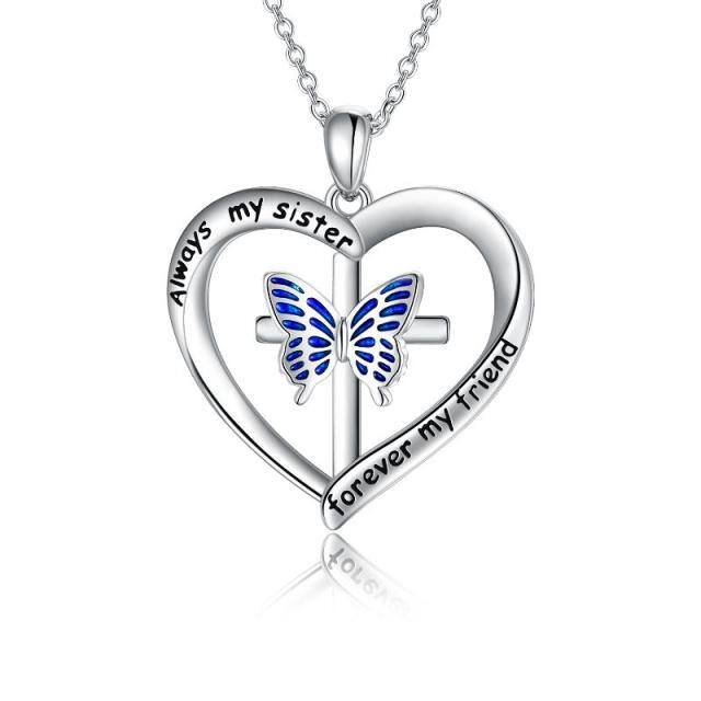 Sterling Silver Butterfly & Cross & Heart Pendant Necklace with Engraved Word-0