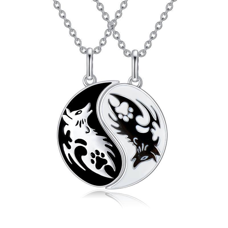 Sterling Silver Two-tone Wolf & Paw Yin Yang Pendant Couple Necklaces-1