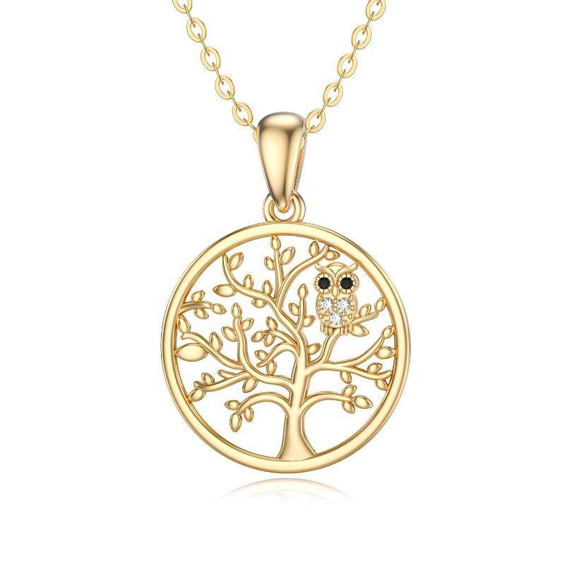 14K Gold Moissanite Owl & Tree Of Life Pendant Necklace-1