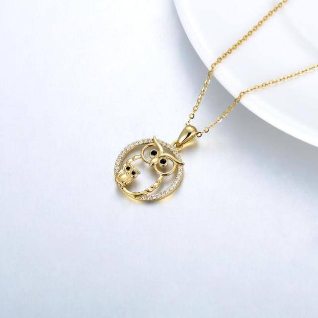 14K Gold Circular Shaped Moissanite Owl Pendant Necklace-2