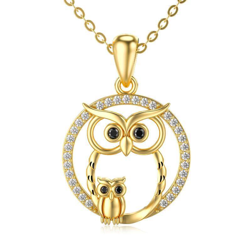 14K Gold Circular Shaped Moissanite Owl Pendant Necklace-1