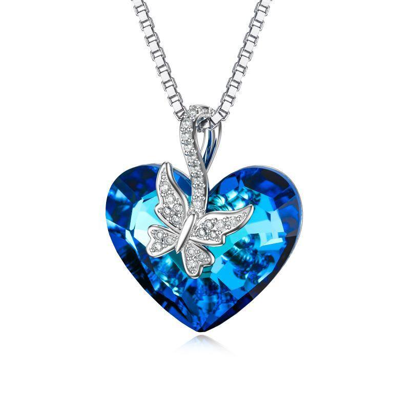 Sterling Silver Heart Heart Crystal Pendant Necklace-1