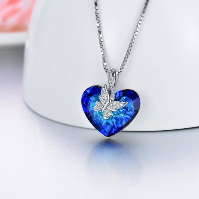 Sterling Silver Heart Heart Crystal Pendant Necklace-3