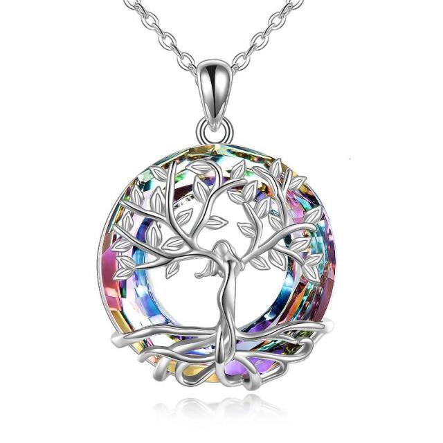 Sterling Silver Circular Shaped Tree Of Life Crystal Pendant Necklace-0