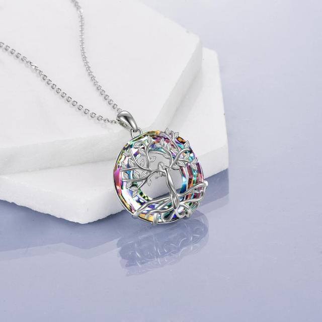 Sterling Silver Circular Shaped Tree Of Life Crystal Pendant Necklace-3