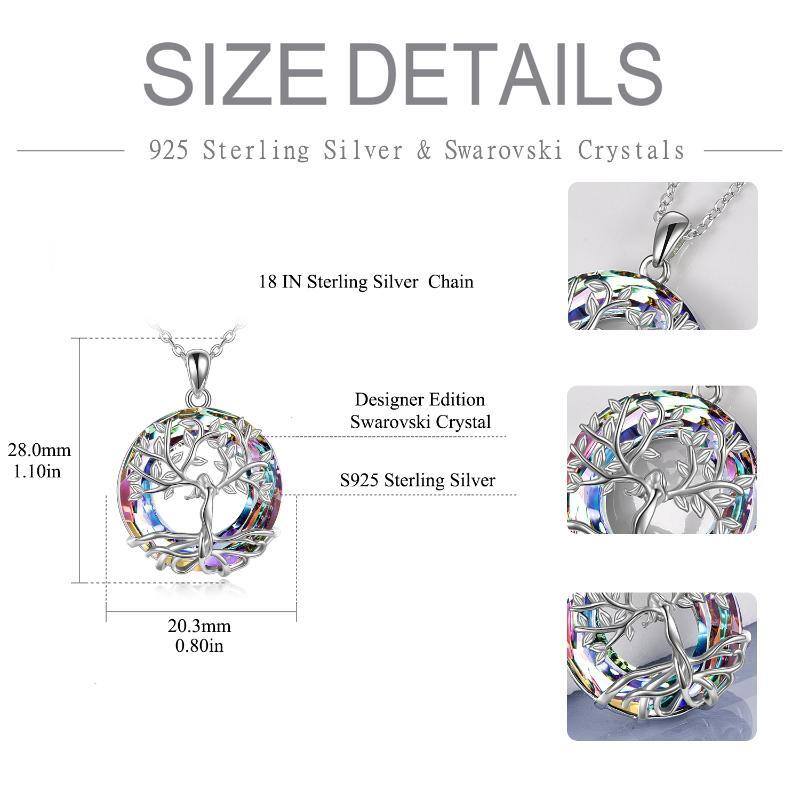 Sterling Silver Circular Shaped Tree Of Life Crystal Pendant Necklace-5