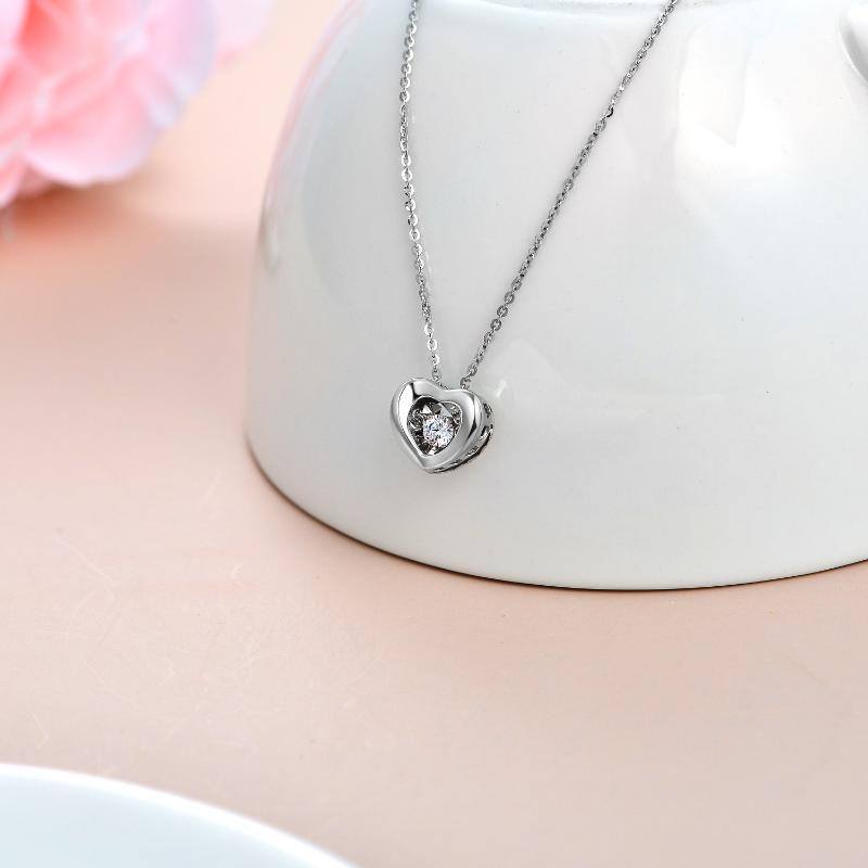 18K White Gold Circular Shaped Cubic Zirconia Heart With Heart Pendant Necklace-3