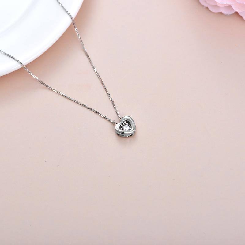 18K White Gold Circular Shaped Cubic Zirconia Heart With Heart Pendant Necklace-4