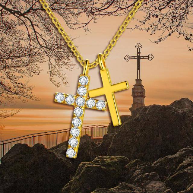 18K Gold Cubic Zirconia Cross Pendant Necklace-5