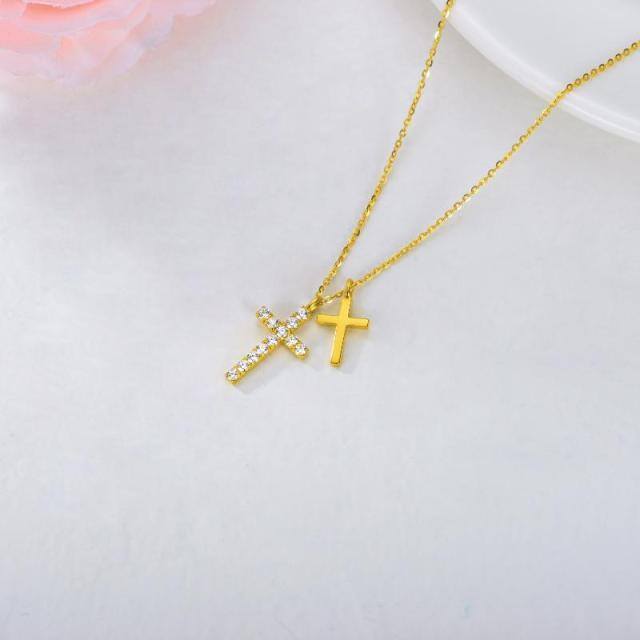 18K Gold Cubic Zirconia Cross Pendant Necklace-4