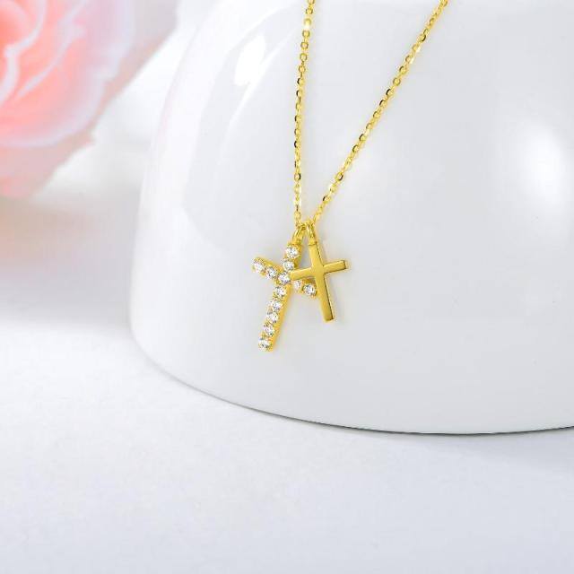 18K Gold Cubic Zirconia Cross Pendant Necklace-3