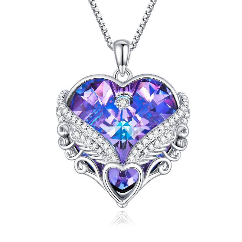 Plata de ley en forma de corazón de cristal Ángel Ala y Pluma y Corazón Colgante Collar-1