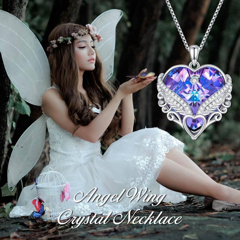 Plata de ley en forma de corazón de cristal Ángel Ala y Pluma y Corazón Colgante Collar-6