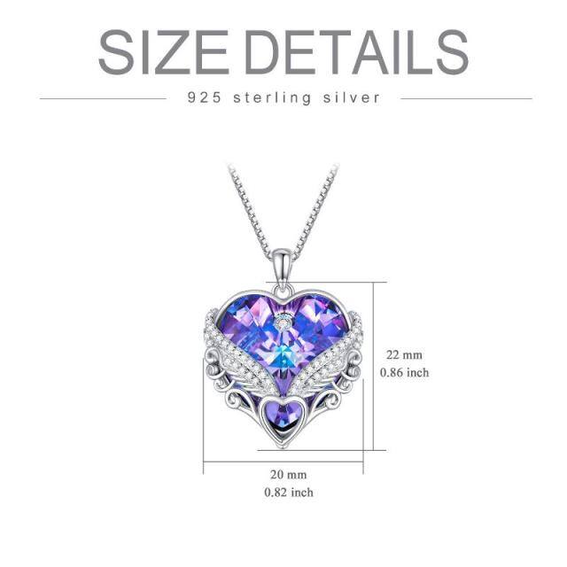 Sterling Silver Heart Shaped Crystal Angel Wing & Feather & Heart Pendant Necklace-5