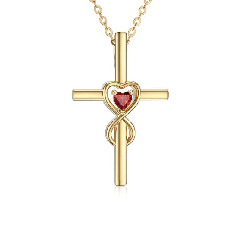 9K Gold Heart Shaped Cubic Zirconia Cross & Heart With Heart Pendant Necklace-1