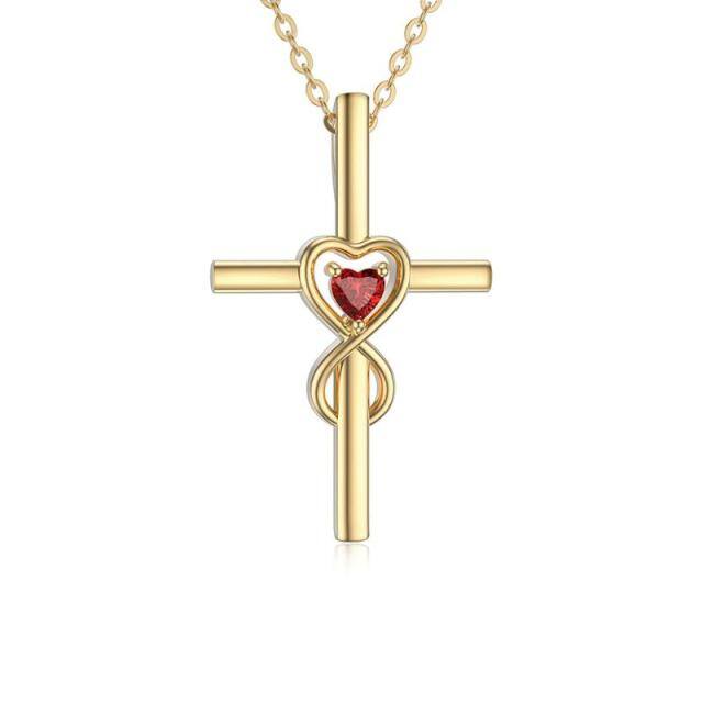 9K Gold Heart Shaped Cubic Zirconia Cross & Heart With Heart Pendant Necklace-0