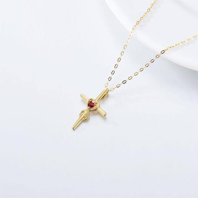 9K Gold Heart Shaped Cubic Zirconia Cross & Heart With Heart Pendant Necklace-3