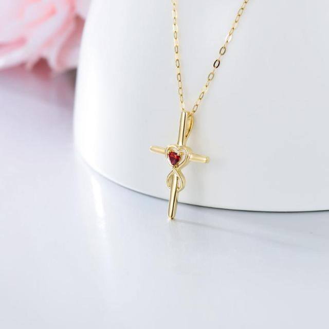 9K Gold Heart Shaped Cubic Zirconia Cross & Heart With Heart Pendant Necklace-2
