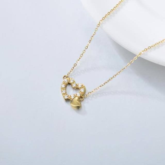 9K Gold Circular Shaped Cubic Zirconia Heart Pendant Necklace-4