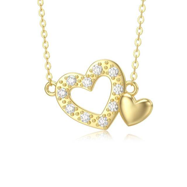 9K Gold Circular Shaped Cubic Zirconia Heart Pendant Necklace-1