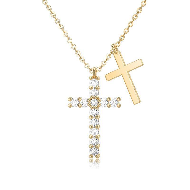 14K Gold Cubic Zirconia Cross Pendant Necklace-1
