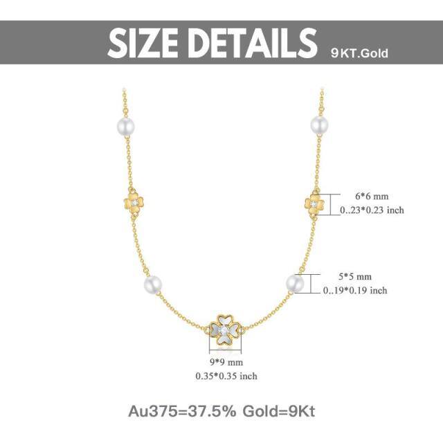 9K Gold Perle & Zirkonia Vierblättriges Kleeblatt Metall Halskette-4