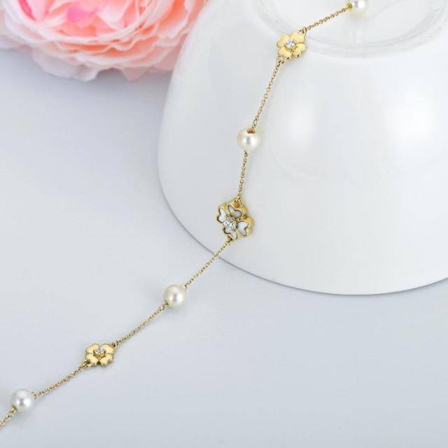 Collar gargantilla de metal con trébol de cuatro hojas, perlas y circonitas de oro de 9 qu-3