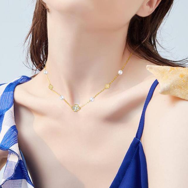 Collar gargantilla de metal con trébol de cuatro hojas, perlas y circonitas de oro de 9 qu-1