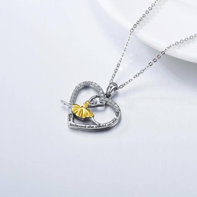 Collar con colgante de corazón en forma circular de plata de ley con palabra grabada-3