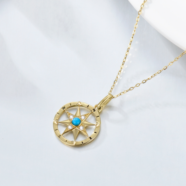 14K Gold Circular Shaped Cubic Zirconia & Turquoise Compass Pendant Necklace-3